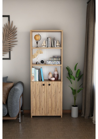 Kapaklı Çok Amaçlı Salon Dolabı 150x50x22 Cm Raflı Kitaplık Dekoratif Depolama Ünitesi Atlantik Çam