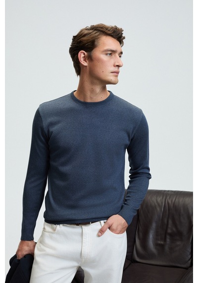 Grımelange VAREX Erkek Yuvarlak Yaka Basic Slim Fit Triko Mavi Kazak