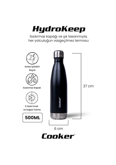 Cooker Hydrokeep 500 Ml Paslanmaz Çelik Şişe Termos Ckr2071 Siyah