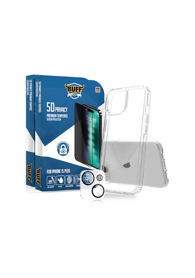 Buff Apple iPhone Uyumlu  15 Plus - 2x5d Ekran Koruyucu + Şeffaf Kılıf + Lens Koruyucu Privacy Hayalet