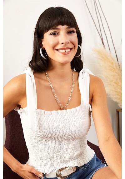 Aqe Fashion Kadın Beyaz Askılı Crop Bluz-Beyaz