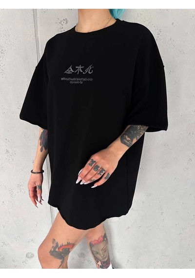 Kadın Baskılı Kısa Kol Oversize T-shirt - Siyah Çok Renkli