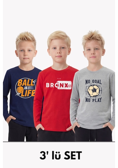 Panios Kids 3'lü Yuvarlak Yakalı Baskı Detaylı Uzun Kollu Basic 3 Parça Erkek Çocuk Tişört Lacivert - Kırmızı