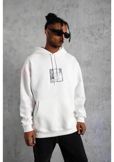 Erkek Ön Arka Baskılı Kapşonlu Sweat - Beyaz