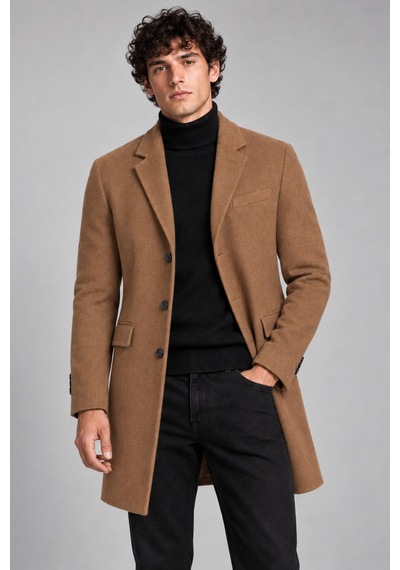 Maison Rae Erkek Vizon, Slim Fit Kaşe Kaban Klasik Yaka 3 Düğmeli Uzun Kesim Kışlık Palto