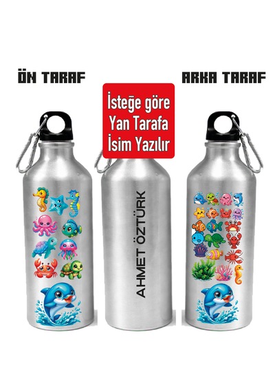 Çocuklar İçin Plaj Deniz Figür Baskılı Kancalı Gümüş Metal Suluk-600ml