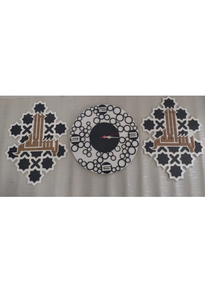 Modern Duvar Saati 3 Lü Kombin Dini Motif Ve Kalite Siyah - Ahşap