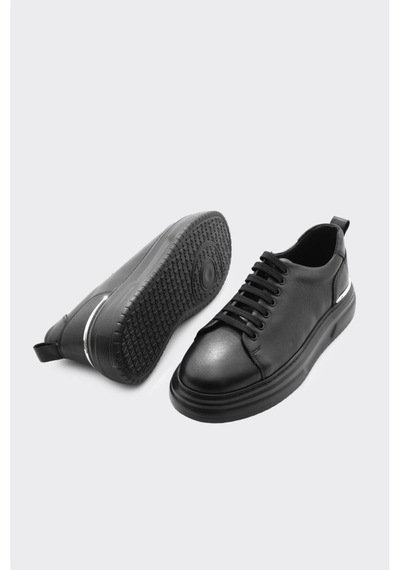 Derinet Hakiki Deri Bağcıklı Yüksek Taban Erkek Sneaker Siyah Siyah