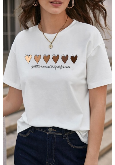 Unisex Hearts Baskılı Tasarım Tshirt Beyaz