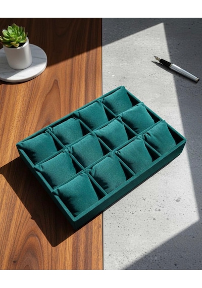 12 Bölmeli Ahşap Üzeri Baby Face Kumaş Saat Ve Takı Standı - Organizeri Ebat 35x24x5 Cm Zümrüt Yeşili