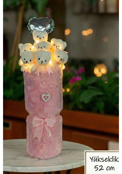 Sevgililer Gününe Özel: Deluxe Pembe Peluş Ayıcık Led Işıklı Kalp Balonlu Peluş Vazo Tasarımlı Ayıcık Buketi