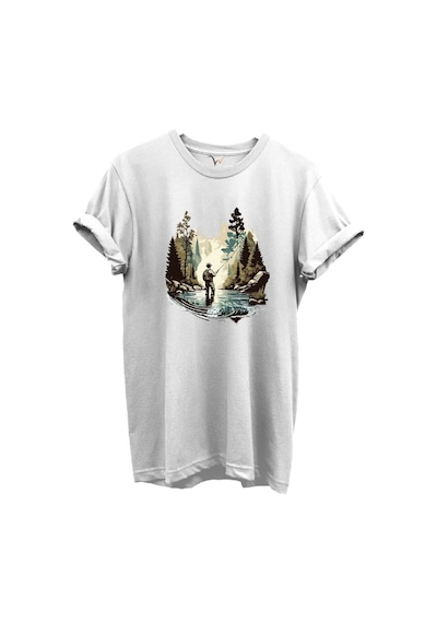 Balık Tutma Temalı Kampçı Desenli %100 Pamuk Regular Fit Unisex T-shirt Beyaz