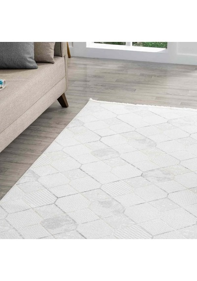 Beyaz Gri Bej Altıgen Geometrik Modern Halı - Ng15501gs
