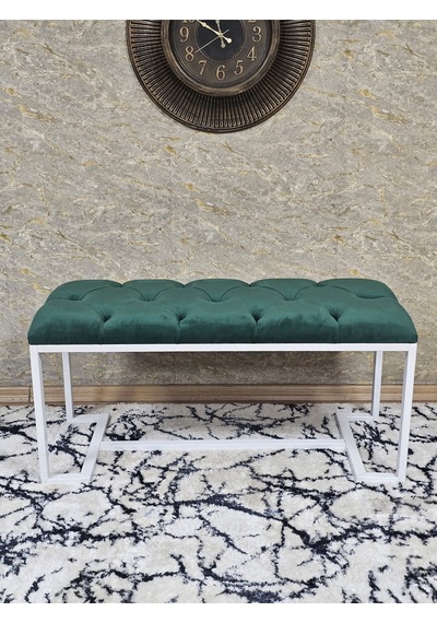 Zafir Beyaz Boyalı - L - Ayaklı 100 Cm X 38 Cm Oturak - Bench - Makyaj Taburesi - Makyaj Oturak Yeşil