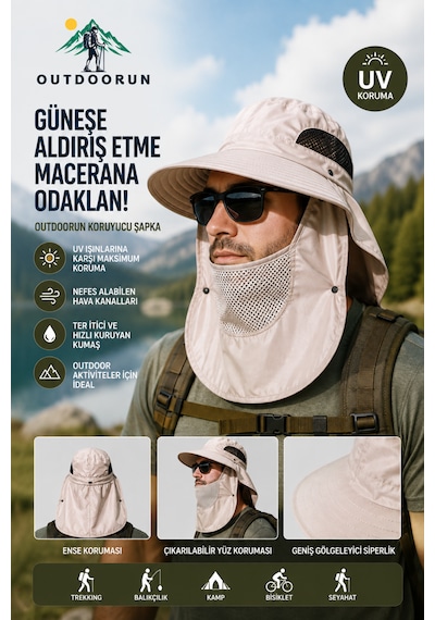 Outdoorun Koruyucu Krem Şapka Uv Güneş Koruyucu, Çıkarılabilir Yüz Ve Ense Koruması