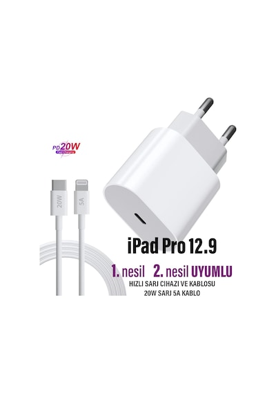 Apple Uyumlu iPad  Pro 12.9 2. Nesil 1. Nesil 20w Hızlı Şarj Aleti Adaptörü 20w Ligtning Şarj Kablosu