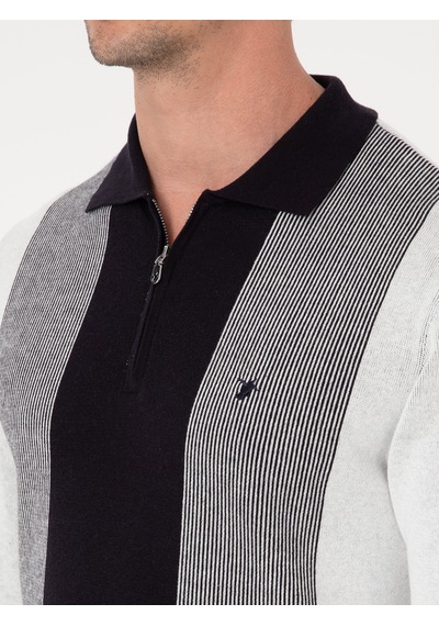 Cacharel Lacivert Slim Fit Pamuk Karışımlı Fermuarlı Polo Yaka Triko Kazak