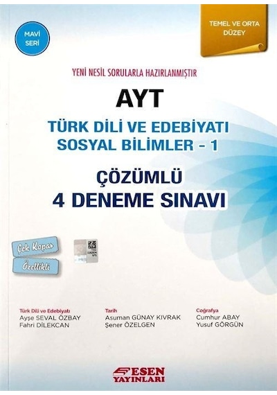 AYT Türk Dili Ve Edebiyatı Sosyal Bilimler 1-Çözümlü 4 Deneme Sınavı-Temel ve Orta Düzey -  Esen Yayıncılık