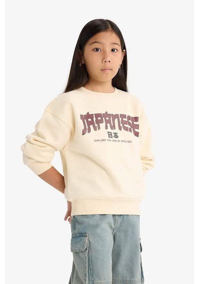 Defacto Kız Çocuk Relax Fit Bisiklet Yaka Baskılı İçi Yumuşak Tüylü Sweatshirt E6779a825wner134 Ekru
