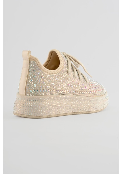 Mubiano Kadın Sneaker Taş Detaylı Kalın Tabanlı Diamond Bej Bej