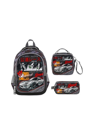 Muggle Mu-9136 Street Racing İlkokul Çantası + Beslenme Çantası + Kalem Kutusu