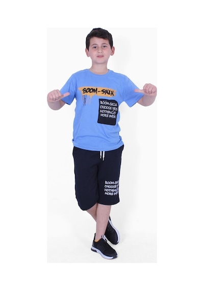 Fyk Kids Boom Sklk Yazı Baskılı Erkek Çocuk Alt-üst Kapri Takım Mavi