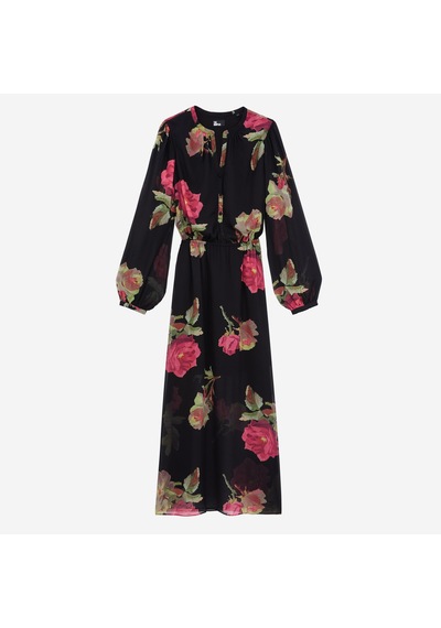 The Kooples Kadın Uzun Kollu Baskılı Siyah Uzun Elbise Pembe
