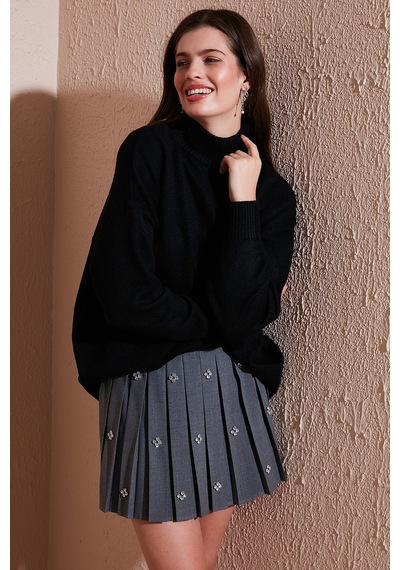 Lela Premium Oversize Fit Balıkçı Yaka Yumuşak Dokulu Triko Bayan Kazak 680Kz00469 Siyah