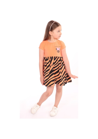 Toontoy Kız Çocuk Little Yazılı Etek Kısmı Zebra Desen Baskılı Elbise Turuncu