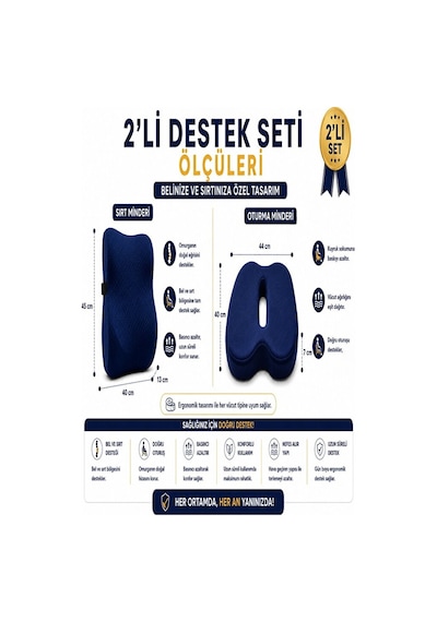 Ortopedik Sırt Ve Oturma Minderi Seti Bel, Sırt Ve Kuyruk Sokumu İçin Ergonomik Visco Destek Lacivert