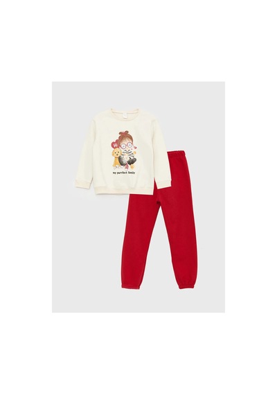 LC Waikiki Lcw Baby Bisiklet Yaka Baskılı Kız Bebek Sweatshirt Ve Pantolon Ten Rengi