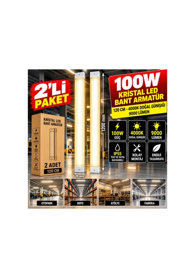 2 Li Paket 100 Watt 4 Sira 4000k Gün Işığı Led Kristal Plastik Armatür, 120 Cm, Ofis Ve Fabrikada, Sarı - 941477058 Sarı