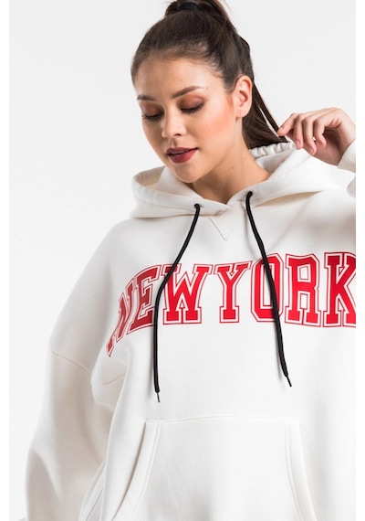 Caya Kadın Ekru Renk Baskı Detaylı Oversize Sweatshirt Cy84191 Beyaz Beyaz