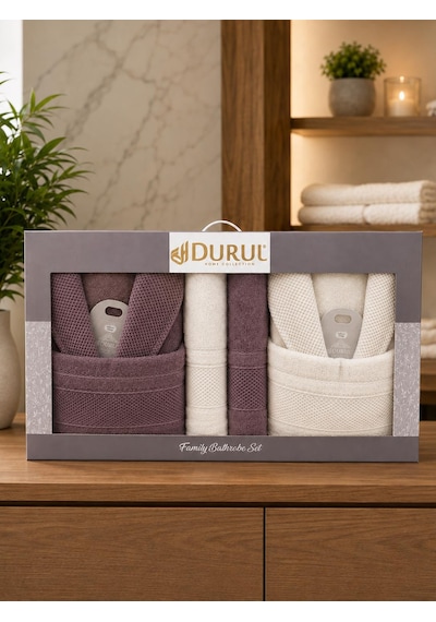 Durul Armina %100 Pamuk 8 Parça Aile Bornoz Seti Mürdüm