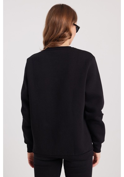 Tudors Kadın Oversize Geniş Kesim Pamuklu 3 İplik İçi Polarlı Basic Siyah Bisiklet Yaka Sweatshirt-37917 SiYAH