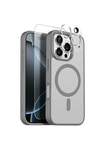 Teleplus Apple Uyumlu iPhone 16 Pro Max Kılıf Babet Translucent 3in1 Msafe Şarj Özellikli Kapak + Ekran Koruyucu Gri