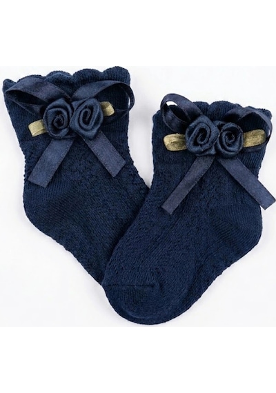 Cocole Socks Kız Çocuk Aksesuarlı Soket Çorabı Tekli Pamuklu Güllü Lacivert Desenli