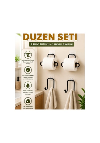 Yapışkanlı Duvar Tipi Rulo Kağıt Tutucu Ve Havlu Askısı 2+2 Parça 4 Lü Set Çok Renkli