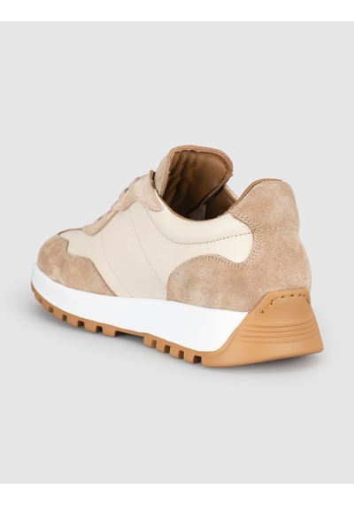 Cabani Hakiki Deri Bej Kahverengi Detaylı Kadın Sneaker Ayakkabı
