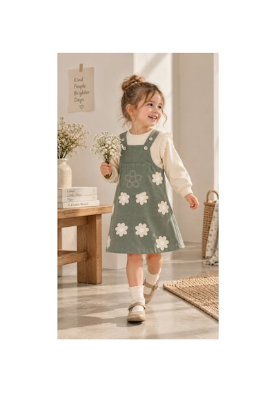 Nota Kids Kız Çocuk Çiçek Desenli Jile Elbise Takım Dantel Kollu Pudra Sweatshirt Ve Askılı Elbise Yeşil