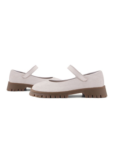 Rakerplus Hakiki Deri Krem Nubuk Cırtlı Kalın Tabanlı Kız Çocuk Okul Ayakkabısı Krem