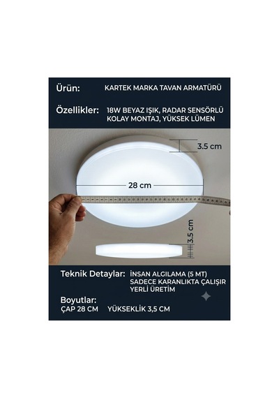 18w Ledli Radar Sensörlü Sıva Üstü Tavan Armatürü - Yüksek Lümen, Akıllı Aydınlatma,aydınlatma Glop Armatürü Led Avize Aplik Balkon Banyo Koridor Lambası Led Beyaz