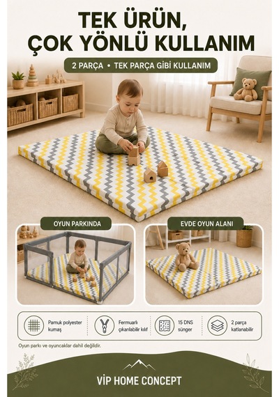 Oyun Alanına Uygun Katlanabilir Sünger Oyun Parkı Minderi Bebek Yatağı - Sarı Gri Zikzak 120x120x6 CM