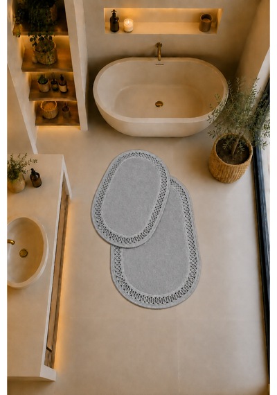El Yapımı Bohem Banyo Paspası 2'li Pelüş Kaymaz Jel Taban 40x60 Cm Ve 60x100 Cm Gri