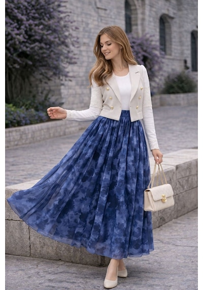 Hira Life Fashion Asimetrik Kesim Etnik Desen Ve Beli Lastikli İçi Astarlı Tül Etek Mavi Mavi Hira Life Fashion Asimetrik Kesim Etnik Desen Ve Beli Lastikli İçi Astarlı Tül Etek Mavi Mavi