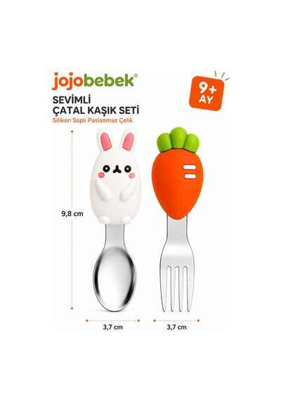 Bpa İçermez, Paslanmaz Çelik Sevimli Tavşan & Havuç Figürlü Silikon Saplı Bebek Çatal Kaşık Seti 9+ Ay