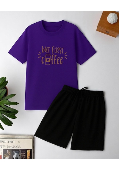 Uyguntarz But First Coffee Baskı Şort Takım Mor