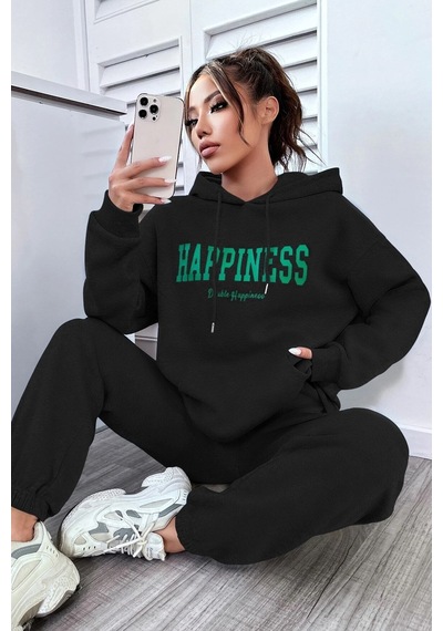 Uyguntarz Unisex Happiness Baskılı Eşofman Takımı Siyah