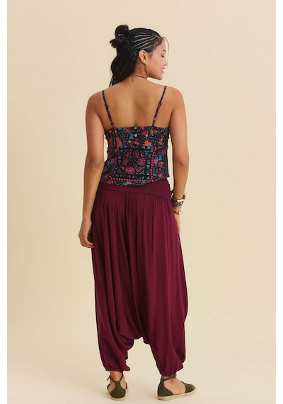 Drape Detay Beli Lastikli Şalvar Pantolon Bordo