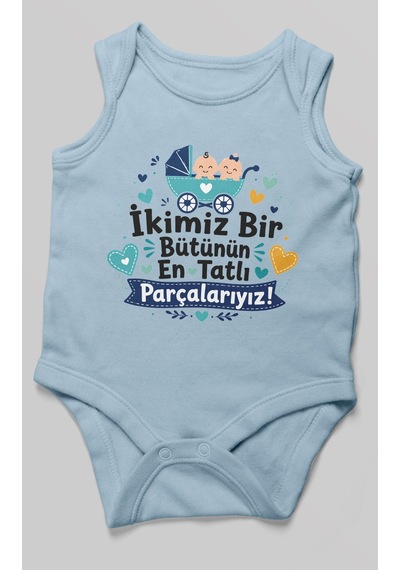Morivokids İkimiz Bir Bütünün Yazılı Sıfır Kollu Bebek Zıbını %100 Pamuk Bebe Mavisi
